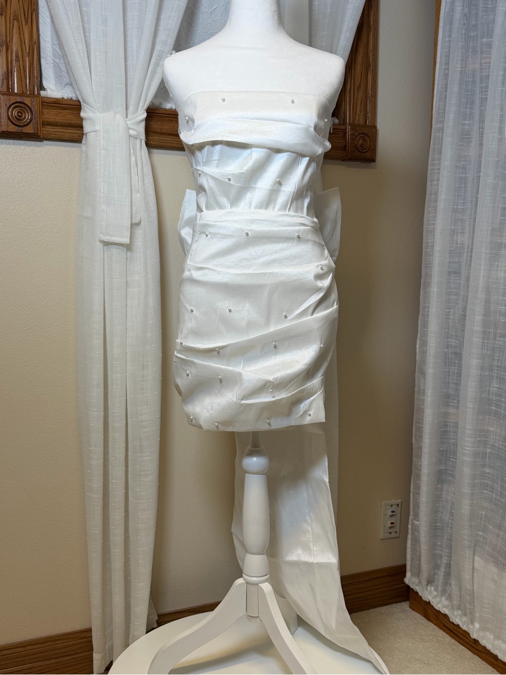 White Strapless Mini Dress with Draped Pearl Accents